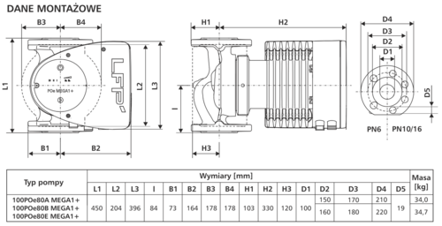 Pompa obiegowa 100POe80B MEGA1+ LFP - kołnierzowa pompa DN100 PN10 3