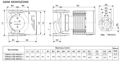Pompa obiegowa 100POe120A MEGA1+ LFP - duża pompa PN6 do rozległych instalacji DN100 3